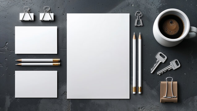 Top down view of a styled workspace with coffee keys and stationary