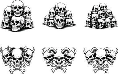 Skull Silhouette Vector Set – Human Skull, Horror, Gothic, and Tattoo Design Elements