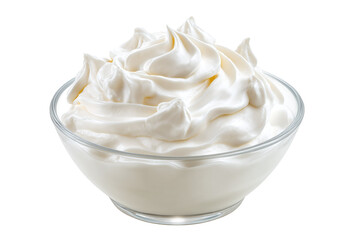 Whipped cream, yogurt, or sour cream in glass bowl isolated on white transparent background