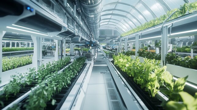 Futuristic indoor farm cultivating plants with controlled environment growing systems