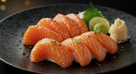 Serving Salmon Nigiri Sushi with Ginger and Lime