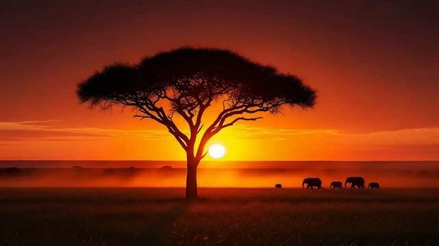 African savanna landscape featuring elephants and a tree at sunset.