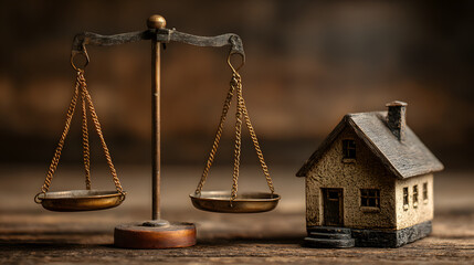 A balance scale symbolizing justice alongside a miniature house model, representing legal matters related to real estate transactions and property rights.