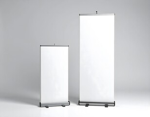 Two blank roll-up banner stands of different sizes are displayed against a plain grey background.