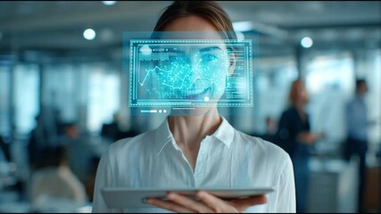 A woman with a digital overlay on her face, holding a tablet in a modern office setting, and digital data recognition. - Powered by Adobe