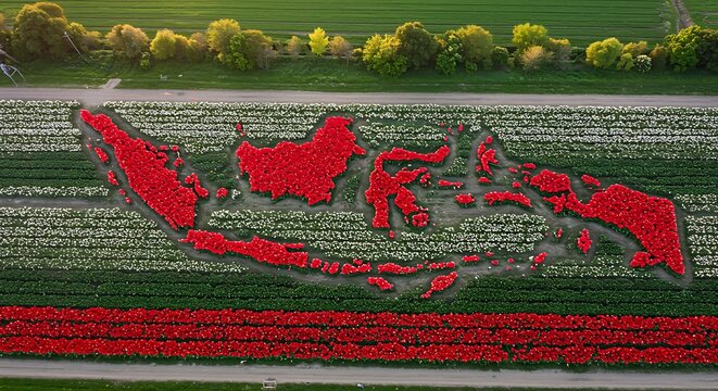 Red and white tulips form the map of Indonesia in a vast flower field, an aerial perspective.