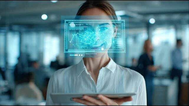 A woman with a digital overlay on her face, holding a tablet in a modern office setting, and digital data recognition. - Powered by Adobe