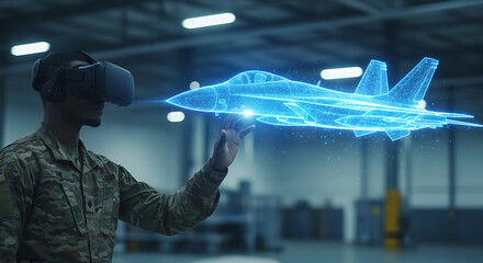 Military Personnel Using Virtual Reality to Design a Fighter Jet soldier interacts with holographic fighter jet model virtual reality headset virtual reality military soldier fighter