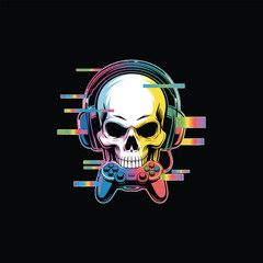 Colorful Skull Wearing Headphones with Gaming Controller