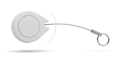 Blank retractable keychain mockup unraveling mid-air with steel tension line, 3d rendering of utility accessory for branding, security product display and key holder design mockup