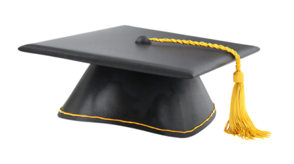 Graduation cap symbolizing academic achievement and the culmination of higher education studies with a black mortarboard and yellow tassel isolated against a black background