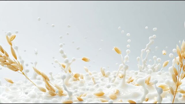 Fresh oat milk splashing with scattered oats in a dynamic composition