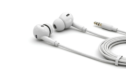 Blank wired earphones mockup isolated on white background, 3d rendering of in-ear headphones for audio accessory branding, music tech display and electronic gear product mockup