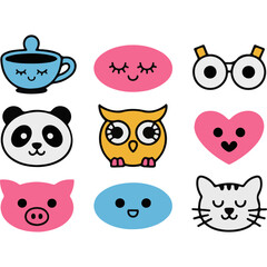 Minimalist illustration of 9 cute animals silhouette isolated on white background