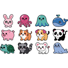 Cute cartoon animal sticker set silhouette isolated on white background