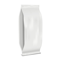 Blank white side gusseted bag package. 3d mockup. Pouch with side gusset. Realistic vector mock-up. Plastic, foil or paper packet packaging. Template for design
