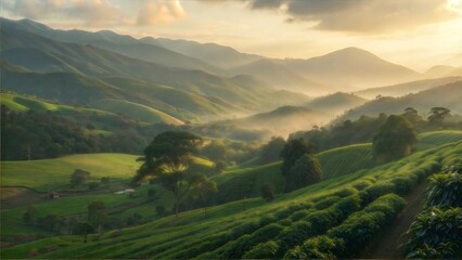 Obraz premium a verdant, mountainous landscape with rolling hills and a lush, green valley.