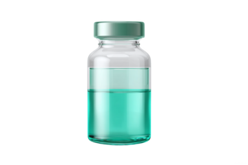Medical vial with green liquid, isolated on white transparent background.