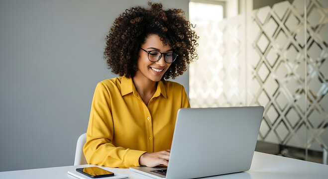 Smiling Woman Working on Laptop African American woman yellow shirt working laptop computer woman african american businesswoman professional smiling happy laptop computer working typing focused