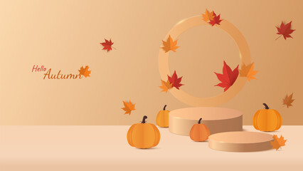 Autumn banner background. Autumn sale podium for product display presentation with red, yellow maple leaves and ornament on the stage. Stand product showcase for promotion, product sale