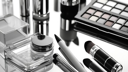 Modern makeup toolset in monochrome theme placed diagonally with reflections on glossy white base, full frame product view .