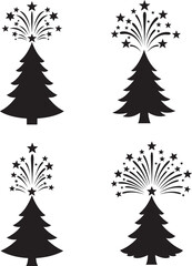 Obraz premium Four black christmas tree silhouettes with fireworks display