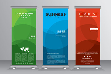 Roll up banner stand template design, Vertical banner for conferance, Annual Meeting, Presenatation, event and project, orange, blue and green print ready colour