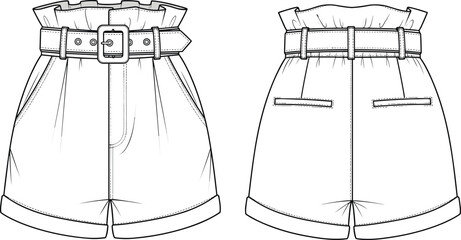 Flat vector CAD drawing of high-waist belted shorts with cuffed hem, paperbag waist, front pockets, back welt pockets design