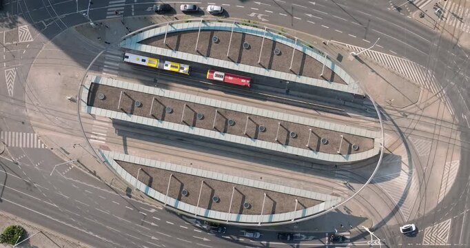 Pullback drone shot of Plac Grunwaldzki in Wroclaw, Poland.