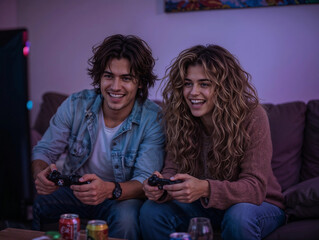 A happy couple playing video games together at home on a comfortable couch, laughing with joy.