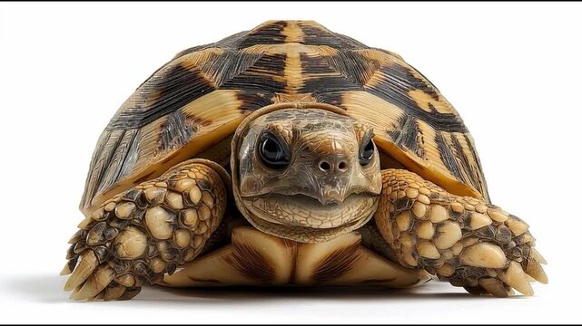 A detailed shot of a tortoise with patterned shell, focused face
