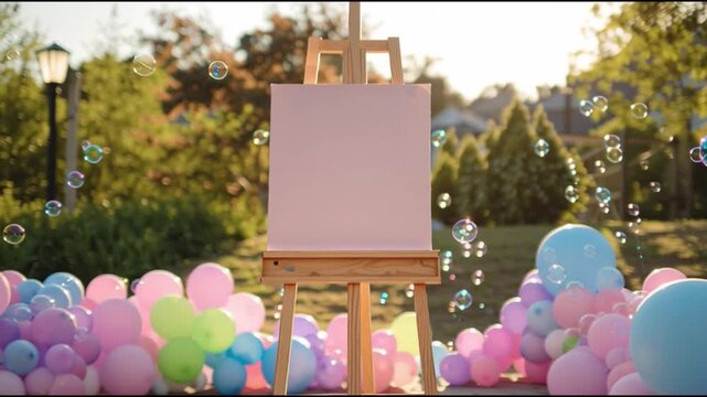 An art easel with a blank canvas, surrounded by bubbles and colorful balloons. Perfect for art class
