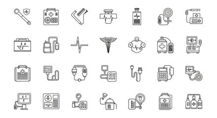 A collection of line art illustrations depicting various medical equipment, supplies, and symbols, arranged in rows on a white background.