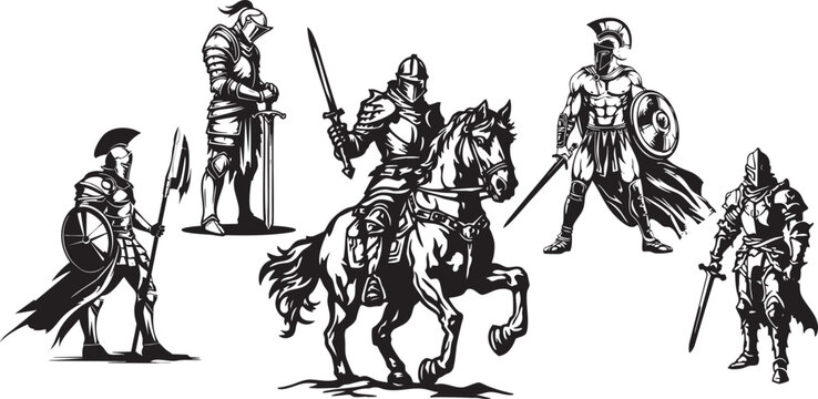 Medieval Knight and Warrior Silhouette Vector Set &ndash; Ancient Fighters in Black and White