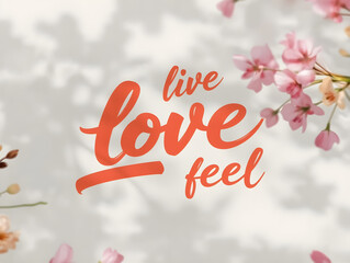 Delicate pink blossoms frame the inspiring words 'live love feel', creating a serene scene.