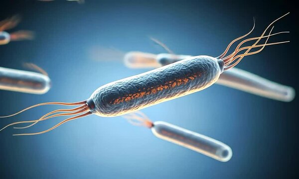 Microscopic Rendering of Bacteria on Blue Background Illustrating Scientific Study of Cellular Structure