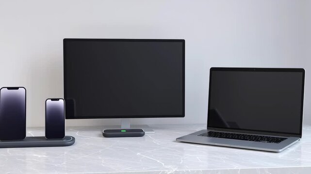 Wireless charging desk setup featuring smartphone, laptop, and monitor in modern workspace with natural light and clean marble surface technology