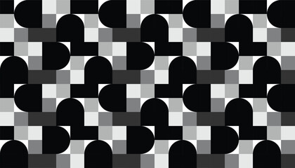 Monochrome seamless geometric pattern featuring half-rounded capsule shapes and square blocks in a bold, minimalist layout
