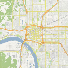 Map of Tulsa Center in Oklahoma in a normal road map style. Contains layered vector with roads water, parks, etc.