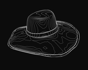 A black and white cowboy hat with intricate contour lines stands out against a dark background. The detailed shading and realistic curves create a striking silhouette.