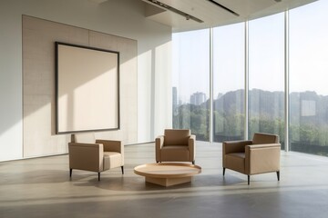 Fototapeta premium Minimalist contemporary room with blank canvas and chairs for modern inspiration
