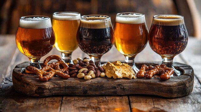 Craft beer sampling flight featuring dark stout, amber ale, and golden lager in specialty glassware with artisanal pretzel and nut pairings on weathered wood