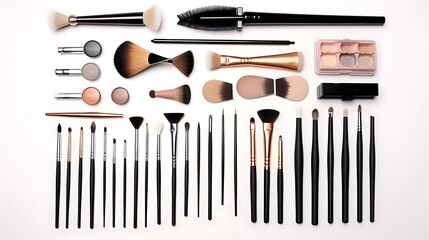 Professional set of eyelash and brow tools including combs, curlers, trimmers, and wands aligned in aesthetic symmetry on white, full frame .