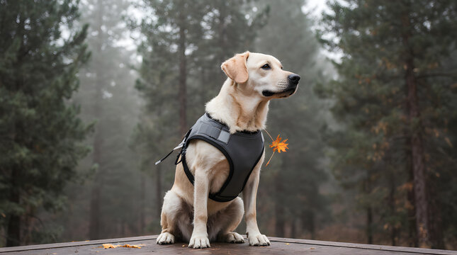 Dog in grey rescue vest sitting alert on wooden platform in foggy forest  