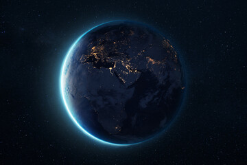 Planet Earth at night viewed from space, showing glowing city lights and illuminated atmosphere. Stunning satellite view of our planet in the vast. Beautiful Earth with Eurasia, Middle East, Africa