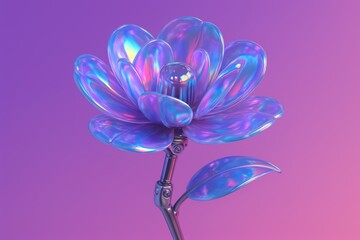 Iridescent robotic flower on a vibrant gradient background, blending nature and technology in a surreal aesthetic.