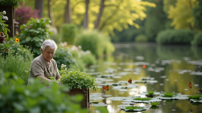 A scene showing a senior citizen harvesting herbs from a balcony garden, beside a lake with floating gardens, observing butterflies in a pollinator garden, with bokeh background effect.
