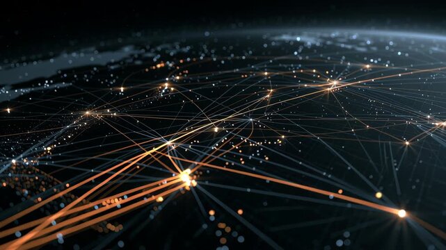Global supply chain network analytics with glowing connection points and data communication flow showing worldwide digital network integration