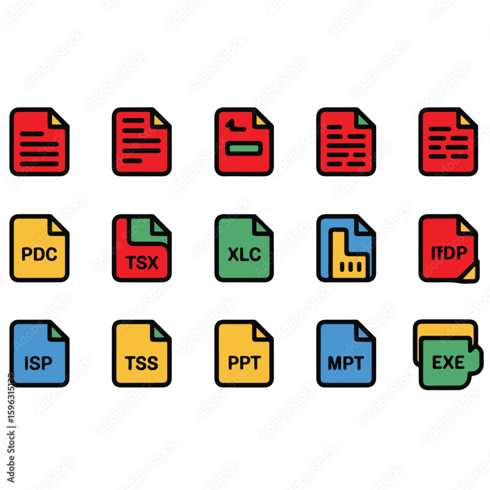 Poster Fifteen document file icons with different colors and extensions arranged in three rows of five icons