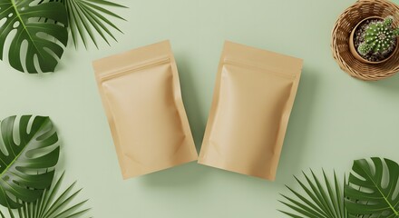 decoration on a wooden background with fresh green organic flowers and an isolated white gift bag